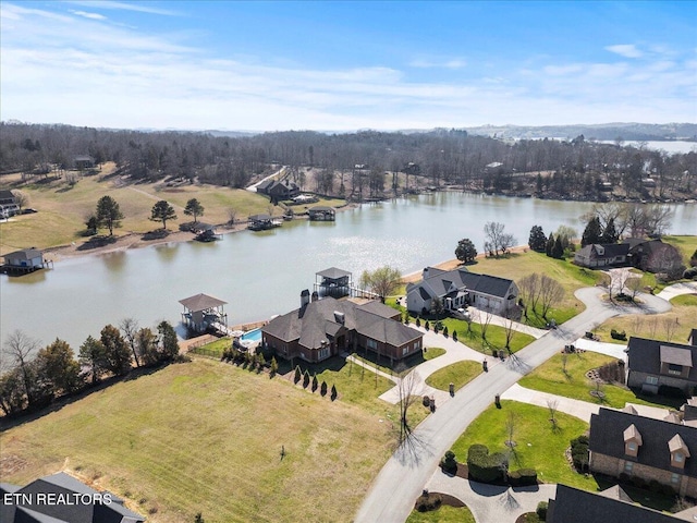 drone / aerial view featuring a water view