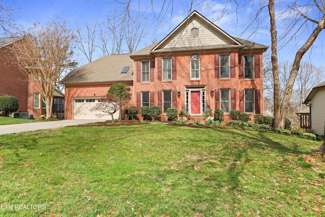 view of front of property featuring brick siding, an attached garage, concrete driveway, and a front yard