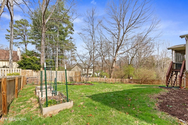 view of yard featuring a fenced backyard and a garden