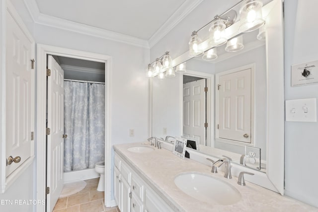 full bathroom with tile patterned floors, ornamental molding, double vanity, and a sink