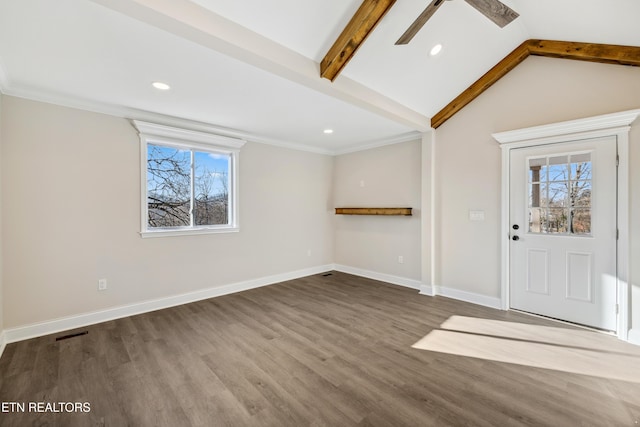 foyer entrance featuring dark wood finished floors, recessed lighting, baseboards, ceiling fan, and vaulted ceiling with beams