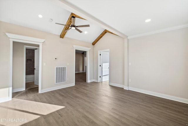 empty room with a ceiling fan, wood finished floors, visible vents, baseboards, and vaulted ceiling with beams