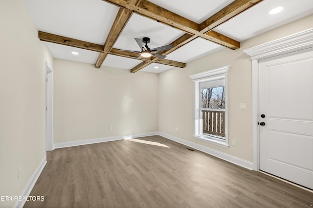 interior space featuring baseboards, beamed ceiling, wood finished floors, coffered ceiling, and a ceiling fan