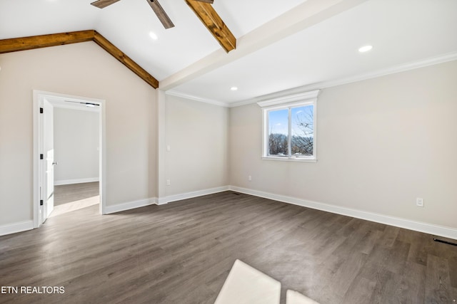 unfurnished room with lofted ceiling with beams, baseboards, dark wood-style flooring, and ceiling fan