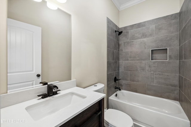 full bath with vanity, toilet,  shower combination, and crown molding