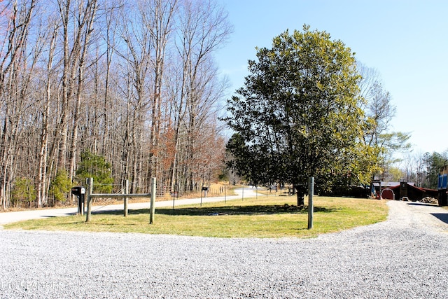 surrounding community with a yard and gravel driveway