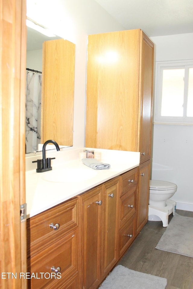 full bath with vanity, toilet, and wood finished floors