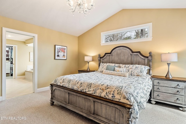 bedroom featuring carpet, baseboards, an inviting chandelier, vaulted ceiling, and connected bathroom