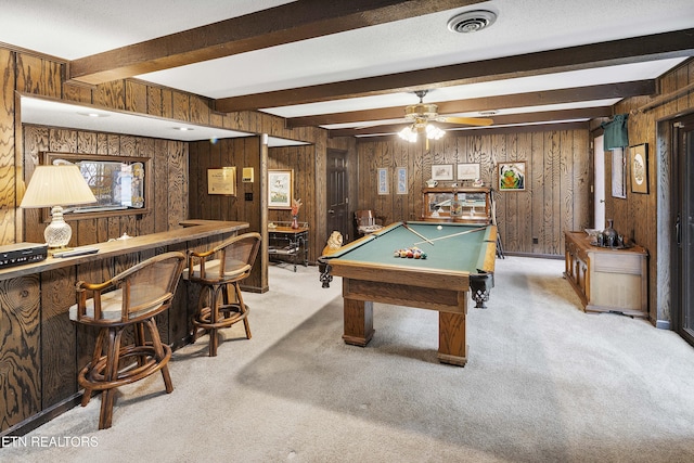 playroom featuring billiards, carpet, visible vents, beamed ceiling, and a dry bar