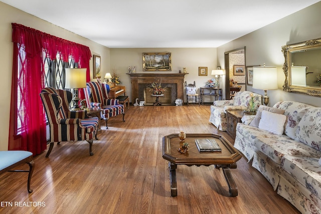 living area featuring wood finished floors and a fireplace