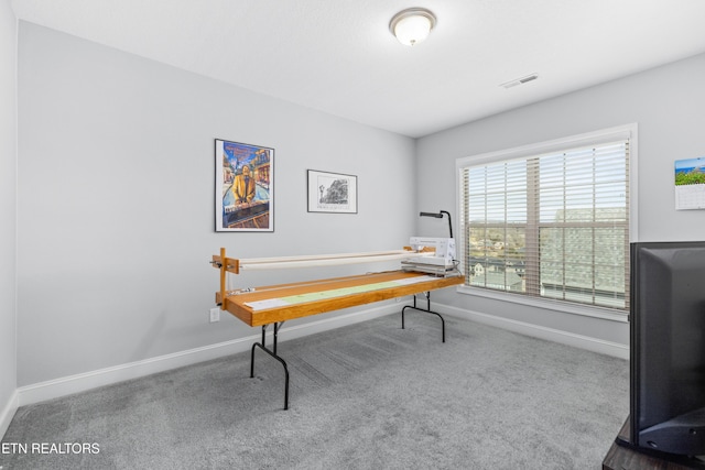 carpeted office space featuring visible vents and baseboards