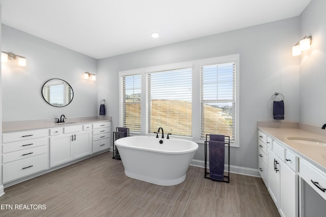 bathroom featuring a soaking tub, wood finish floors, two vanities, and a sink