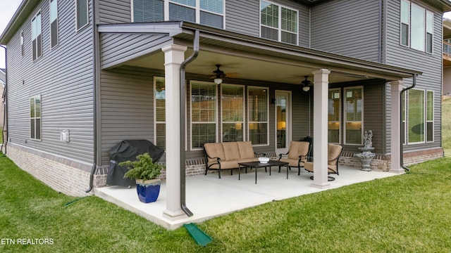 exterior space featuring a ceiling fan, a yard, a patio area, and an outdoor hangout area