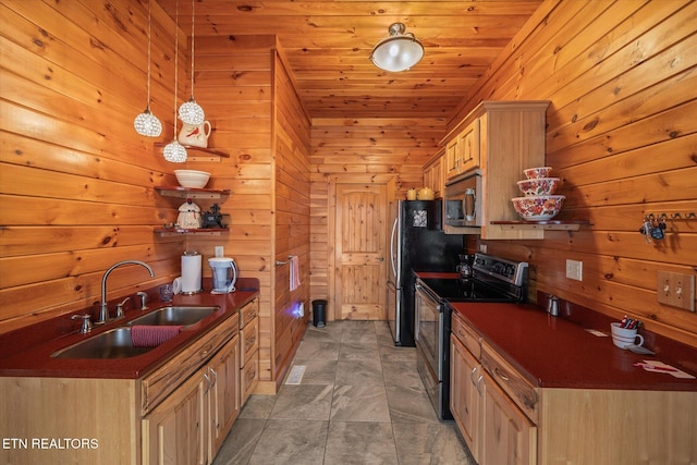 kitchen with a sink, stainless steel appliances, dark countertops, and wooden ceiling