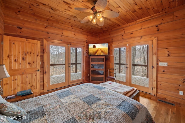 bedroom with access to exterior, visible vents, french doors, and wood ceiling