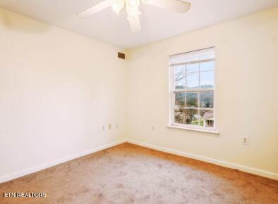 unfurnished room with visible vents, a ceiling fan, baseboards, and carpet floors