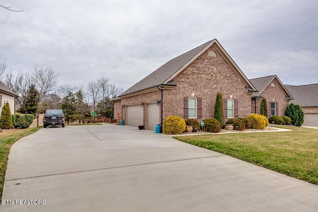 view of home's exterior featuring brick siding, concrete driveway, roof with shingles, a garage, and a yard