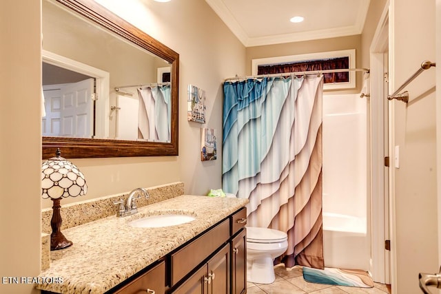 bathroom featuring vanity, tile patterned flooring, crown molding, toilet, and shower / tub combo with curtain