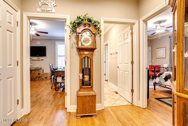 corridor with light wood-style flooring and crown molding