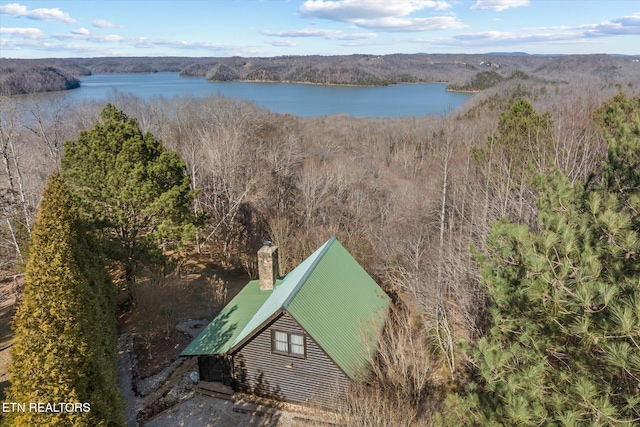 birds eye view of property featuring a view of trees and a water view