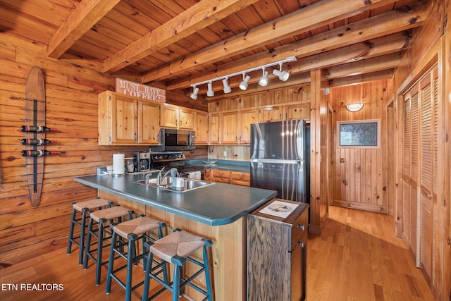 kitchen with wooden walls, beamed ceiling, light wood-type flooring, a peninsula, and stainless steel appliances