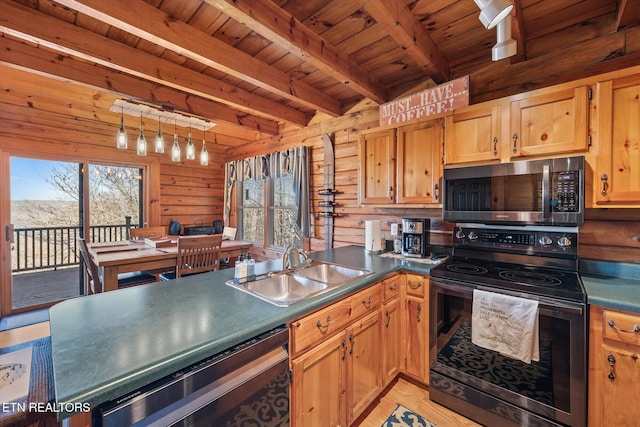 kitchen with a sink, wood ceiling, wood walls, range with electric stovetop, and stainless steel microwave