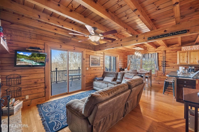 living area with beamed ceiling, wooden walls, wood ceiling, and light wood finished floors