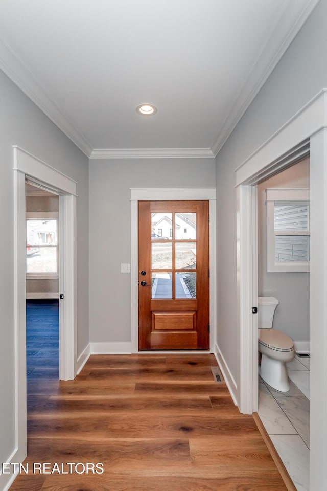 doorway featuring crown molding, plenty of natural light, and wood finished floors