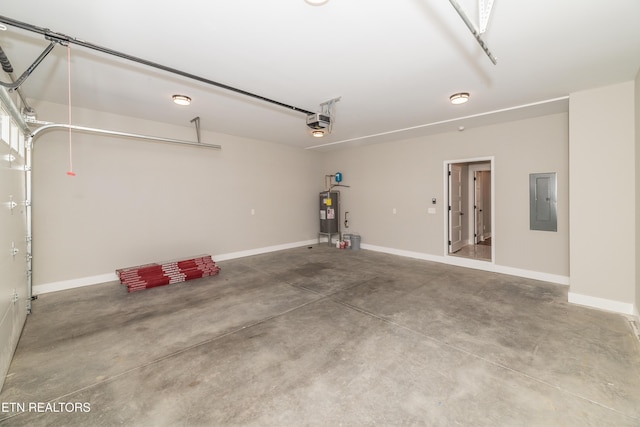 garage with electric panel, baseboards, electric water heater, and a garage door opener