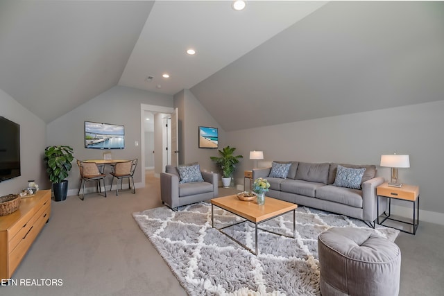 living room featuring recessed lighting, baseboards, lofted ceiling, and carpet