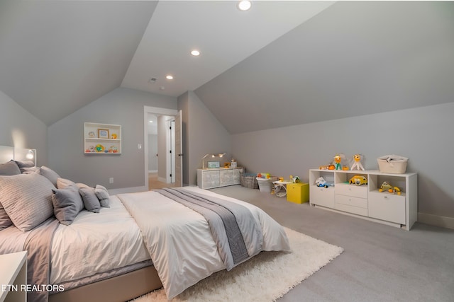 bedroom featuring recessed lighting, baseboards, lofted ceiling, and carpet