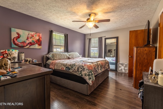 bedroom with a ceiling fan, dark wood-style floors, and a textured ceiling