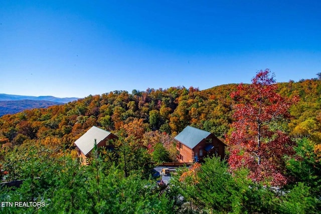 birds eye view of property featuring a view of trees and a mountain view