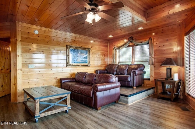 living room featuring wooden walls, wooden ceiling, ceiling fan, and wood finished floors