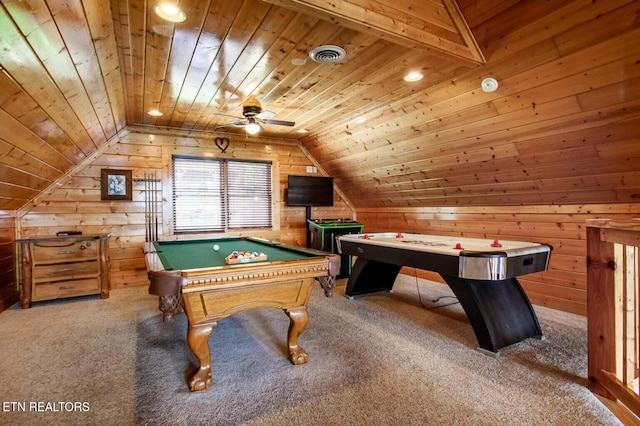 rec room with wooden walls, carpet flooring, wooden ceiling, and visible vents