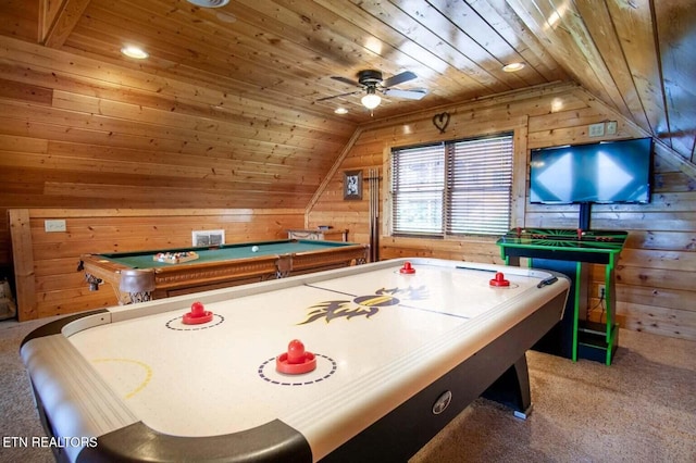 rec room with carpet flooring, wood walls, wooden ceiling, and vaulted ceiling