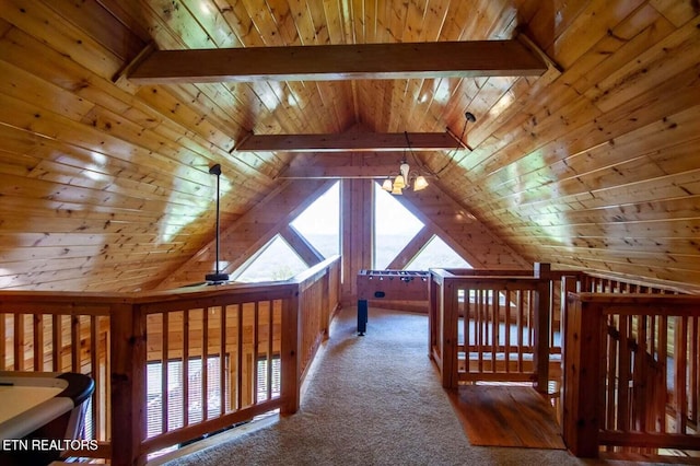 additional living space with wooden walls, a ceiling fan, carpet, lofted ceiling with beams, and wooden ceiling