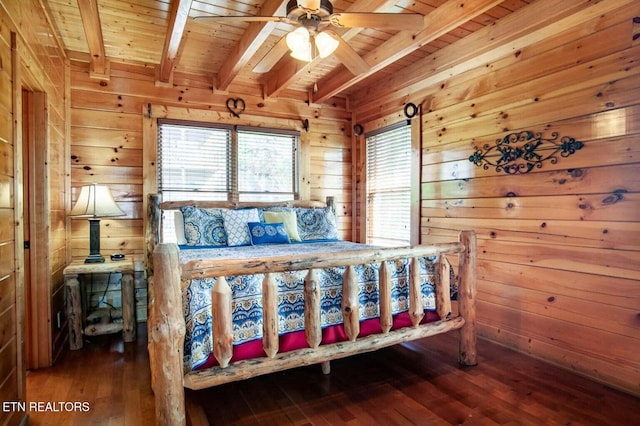 bedroom featuring beam ceiling, wood walls, wooden ceiling, and hardwood / wood-style flooring