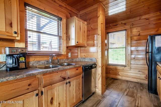 kitchen featuring dishwasher, wooden ceiling, wood walls, and a sink