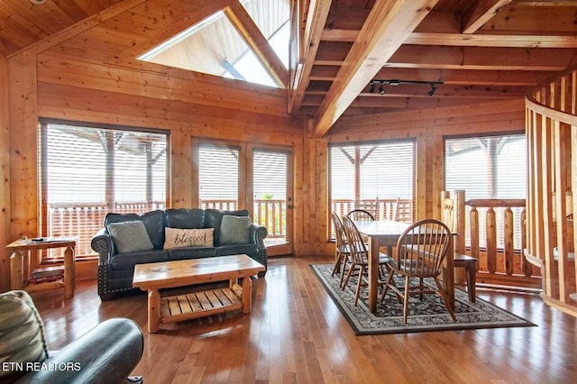 interior space with lofted ceiling with skylight, rail lighting, and wooden ceiling