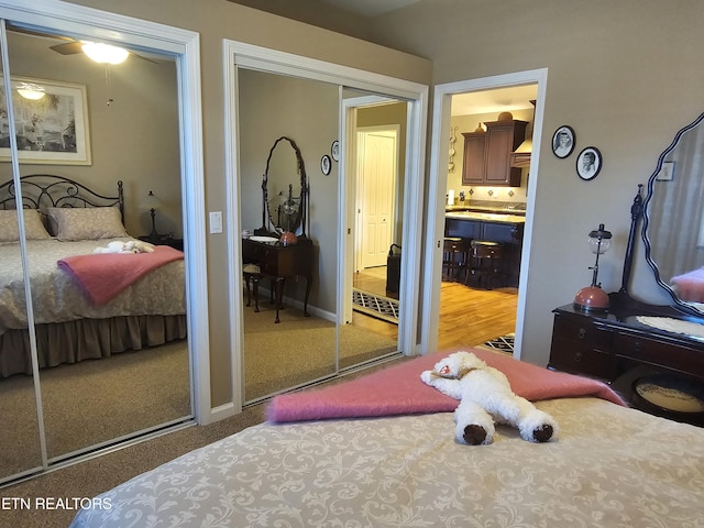 carpeted bedroom featuring baseboards, ensuite bath, and multiple closets