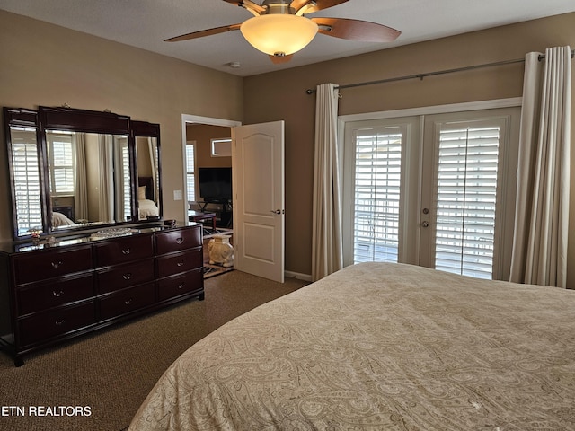 bedroom with ceiling fan and access to exterior