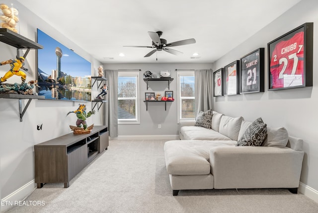 living room with carpet, visible vents, baseboards, recessed lighting, and ceiling fan