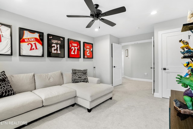 living room featuring recessed lighting, baseboards, light carpet, and ceiling fan