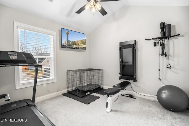 exercise room featuring lofted ceiling, baseboards, carpet floors, and ceiling fan