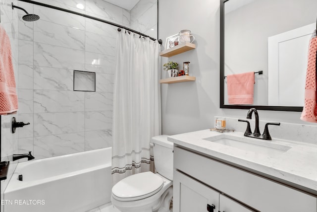 full bath featuring toilet, vanity, and shower / bathtub combination with curtain