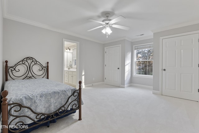 bedroom with carpet flooring, ceiling fan, baseboards, and ornamental molding