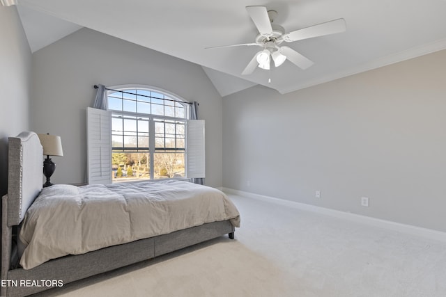 bedroom featuring vaulted ceiling, ceiling fan, baseboards, and carpet floors