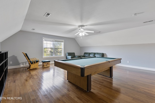 game room featuring visible vents, baseboards, dark wood finished floors, and billiards