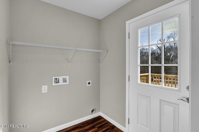 washroom featuring hookup for a washing machine, baseboards, laundry area, electric dryer hookup, and dark wood-type flooring